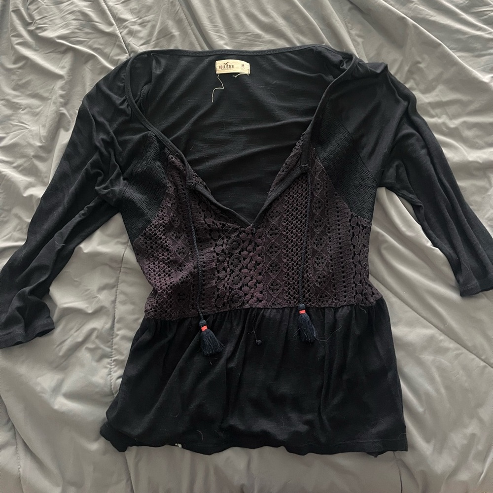 Hollister Black Smocked Peplum Blouse 3/4 Sleeve
